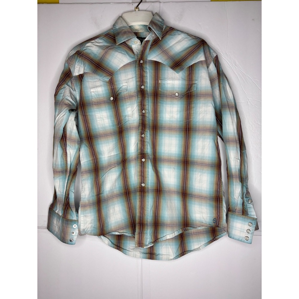 Stetson Mens Turquoise Brown Plaid Ombre Western Pearl Snap Shirt Size M Cotton